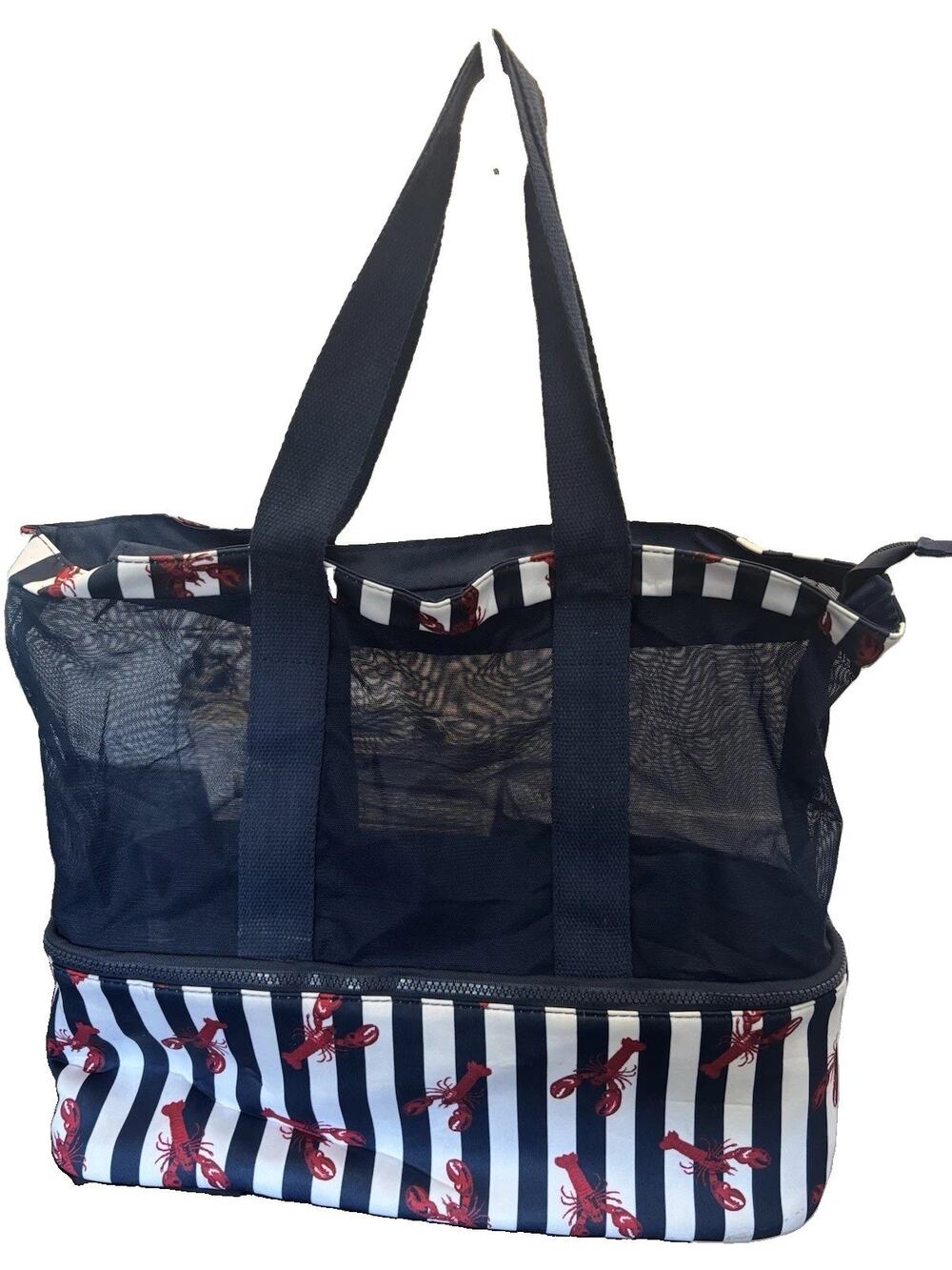 Lobster Beach Tote Bag Mesh Insulated Cooler Bottom Nautical Stripe Coastal